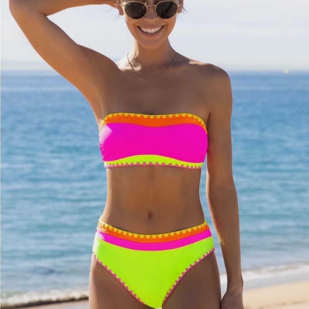 POPVIL Neon Yellow, Pink, Orange Strapless Bikini XL NWT